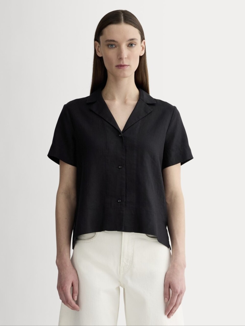 Everlane Shirt Womens Linen Black Notch Button Up Short Sleeve Camp Boxy